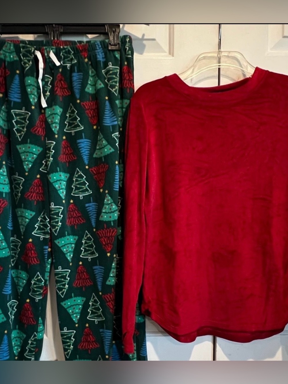 2 Pc PJ Set🎄Red Long-Sleeve Top & Green Christmas Tree Print Pajama Set